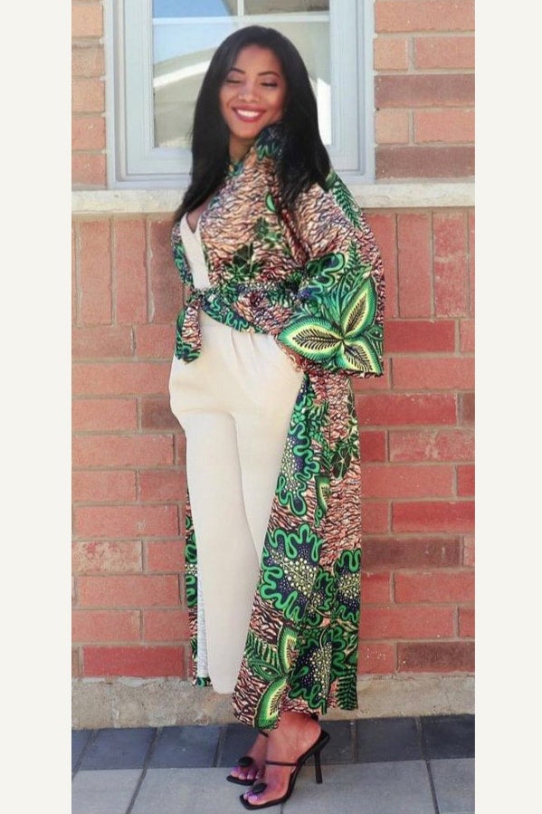 Green & Gold - Long Silk Ankara Print Kimono Dress | Akani Designs